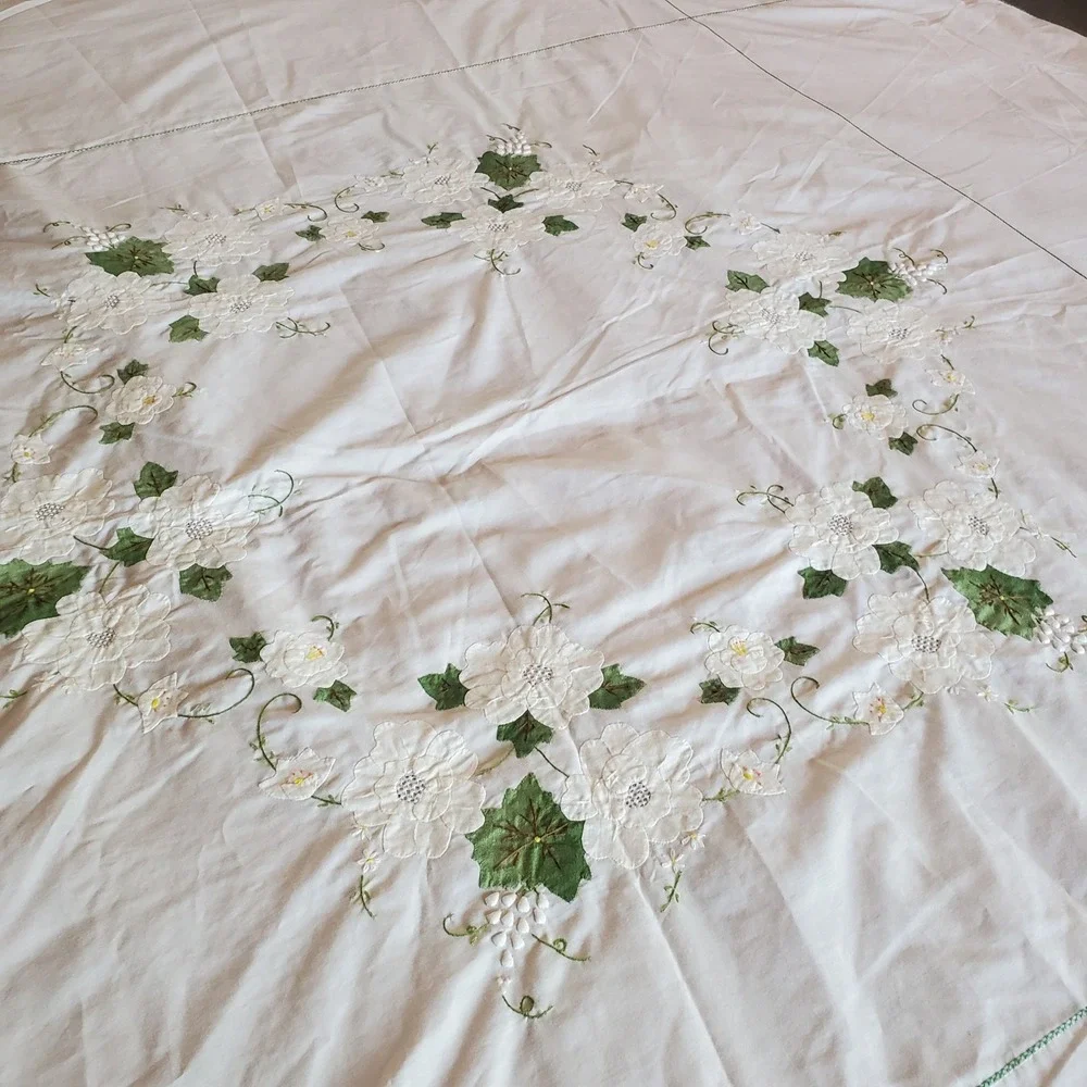 Vintage Hand Embroidered Floral Applique White Cotton Tablecloth 86